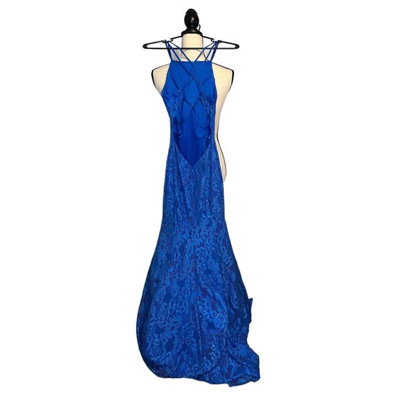 La Femme Womens Size 0 Trumpet Evening Gown Dress Blue Lace Train Cross Straps - Picture 7 of 9